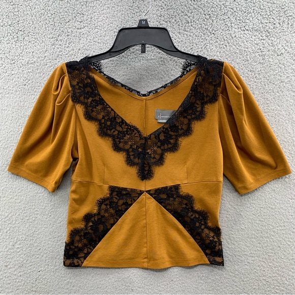 By Anthropologie Women Size S Mustard Lace Trim Top Blouse V-Neck Short Sleeve - Picture 3 of 11